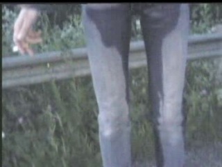teaser walking and peeing black jeans
